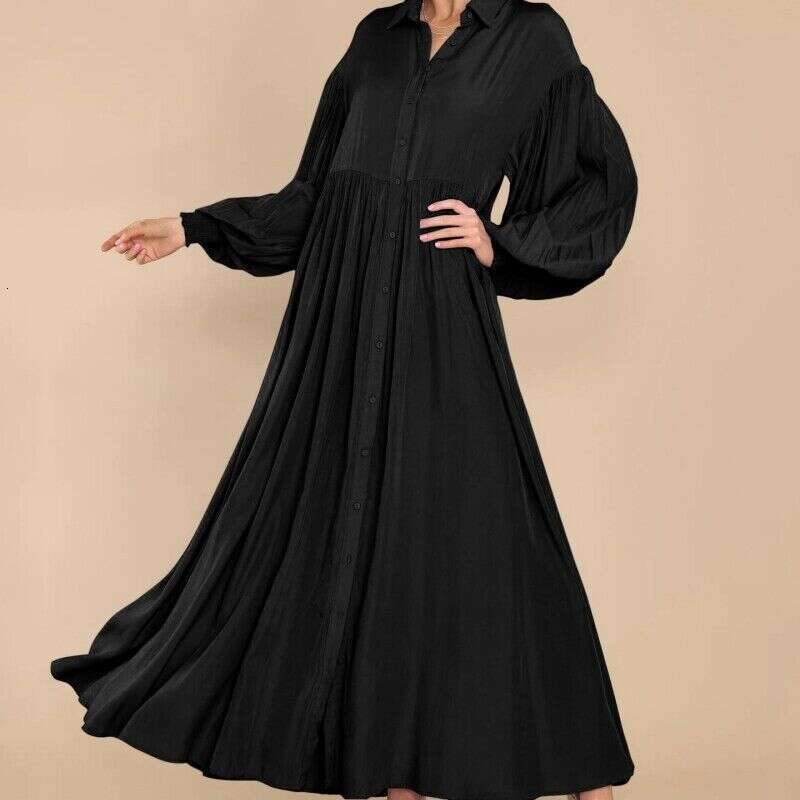 White Dress Maxi Dress 2024 New Women's Casual Solid Color Button Flip Collar Hundred Pleats Sleeve Extra Long Dress KQ
