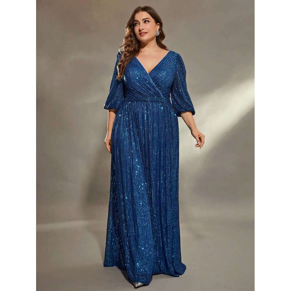 Mgiacy plus size V-neck bust pleated mid-long sleeve A-frame sequin long Evening gown PROM Party dress