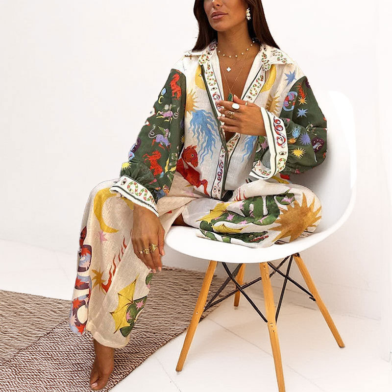 2025 Spring New Collection Womens Printed Round Neck Loose Bat Sleeve Waist Wide Leg Pants Fashion Set