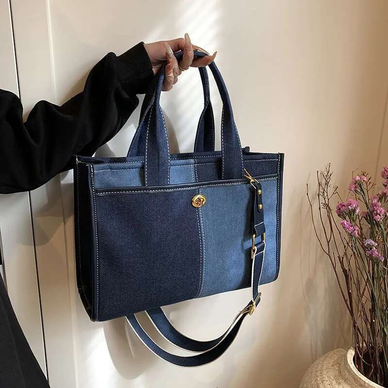 Fashion Contrasting Color Splicing Denim Handbag Women's Shoulder Crossbody Commuter Casual Tote Bag