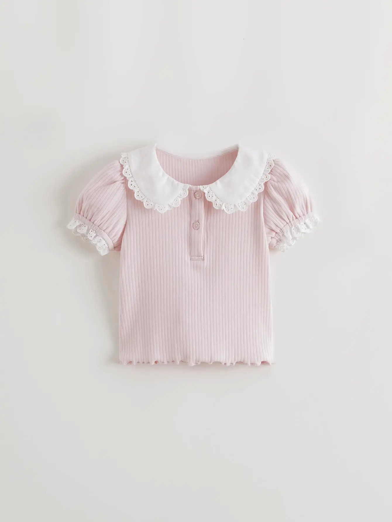 MARC JANIE Girls Sweet Lace Peter Pan Collar Puff Sleeve Ribbed T-Shirt Childrens Tops For Summer 550757 250515