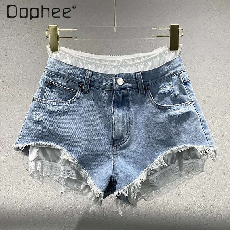 Summer New Spice Girl Old Ripped Rough Edge Jeans Fake Two Pieces Splicing High Waist Slim Female Sexy Y2k Jean Shorts