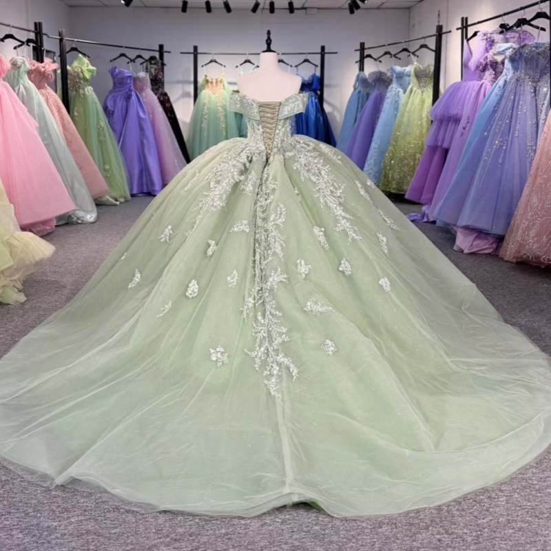 Mint Green Quinceanera Dresses Off Shoulder Ball Gown Sweet 16 Dress Sequin Applique Beading Crystal Tull Birthday Party Vestidos 15 anos