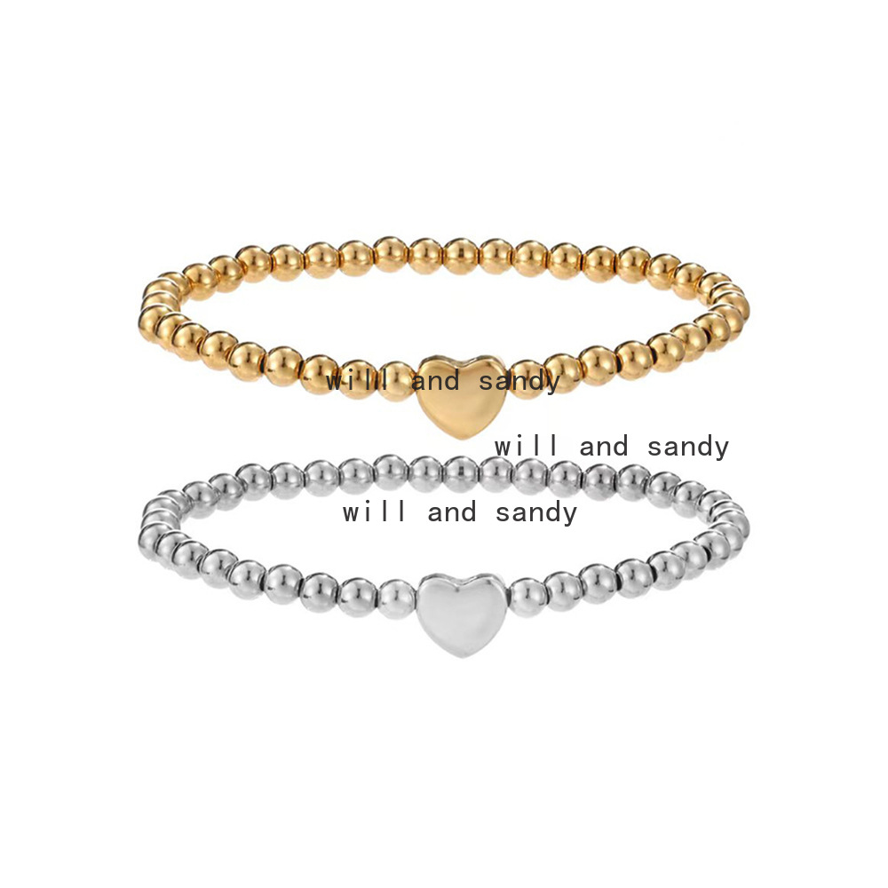 Non Tarnish Stainless Steel Beads Love Heart Charm Bracelet 18k Gold Plated Elastic Strand Bracelets Wristband Cuff for Woman Man Gift Fashion Designe