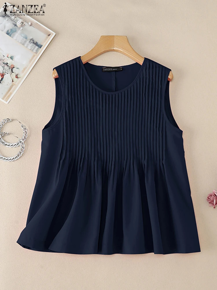 ZANZEA Summer Camis Women Solid Tanks Tops Fashion Pleated Blouse Casual Sleeveless Holiday Shirt Loose Beach Tees Oversize 250515