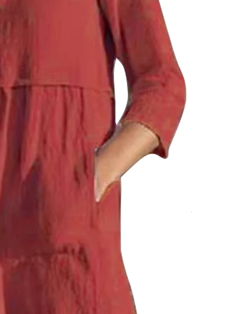 Plus Size Womens Linen Shirts Dress Fall V Neck 34 RolledUp Sleeve Pleated Soft Beach Yoga Shift with Pockets 250506