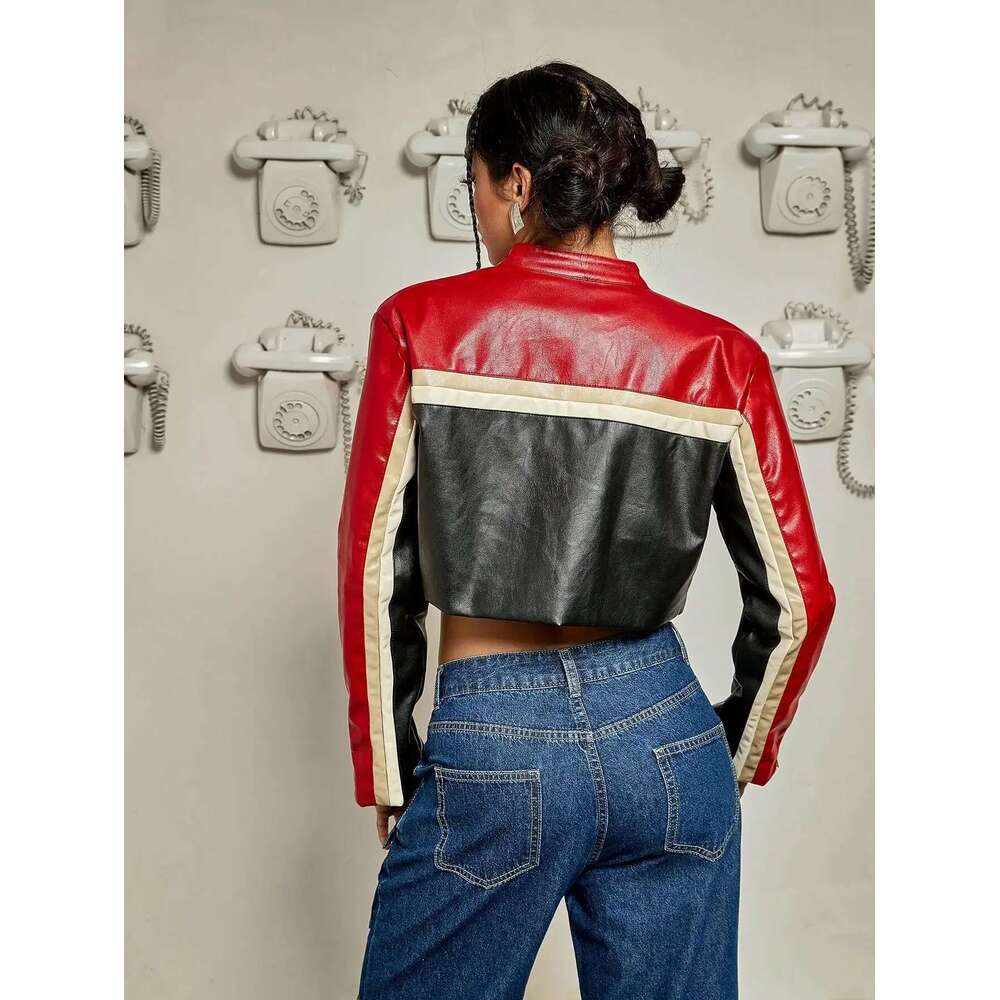Women Fashion Punk Bikercor Colorblock Zipper Studded Detail Crop PU Leather Moto Jacket Y2k Short Outerwear For Female