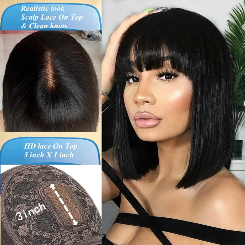 3X1 Middle Part Lace Wig Bob Wigs Full Machine Made Bone Straight Human Hair Wigs With Bangs Short Bob Human Hair Wigs For Women 250512