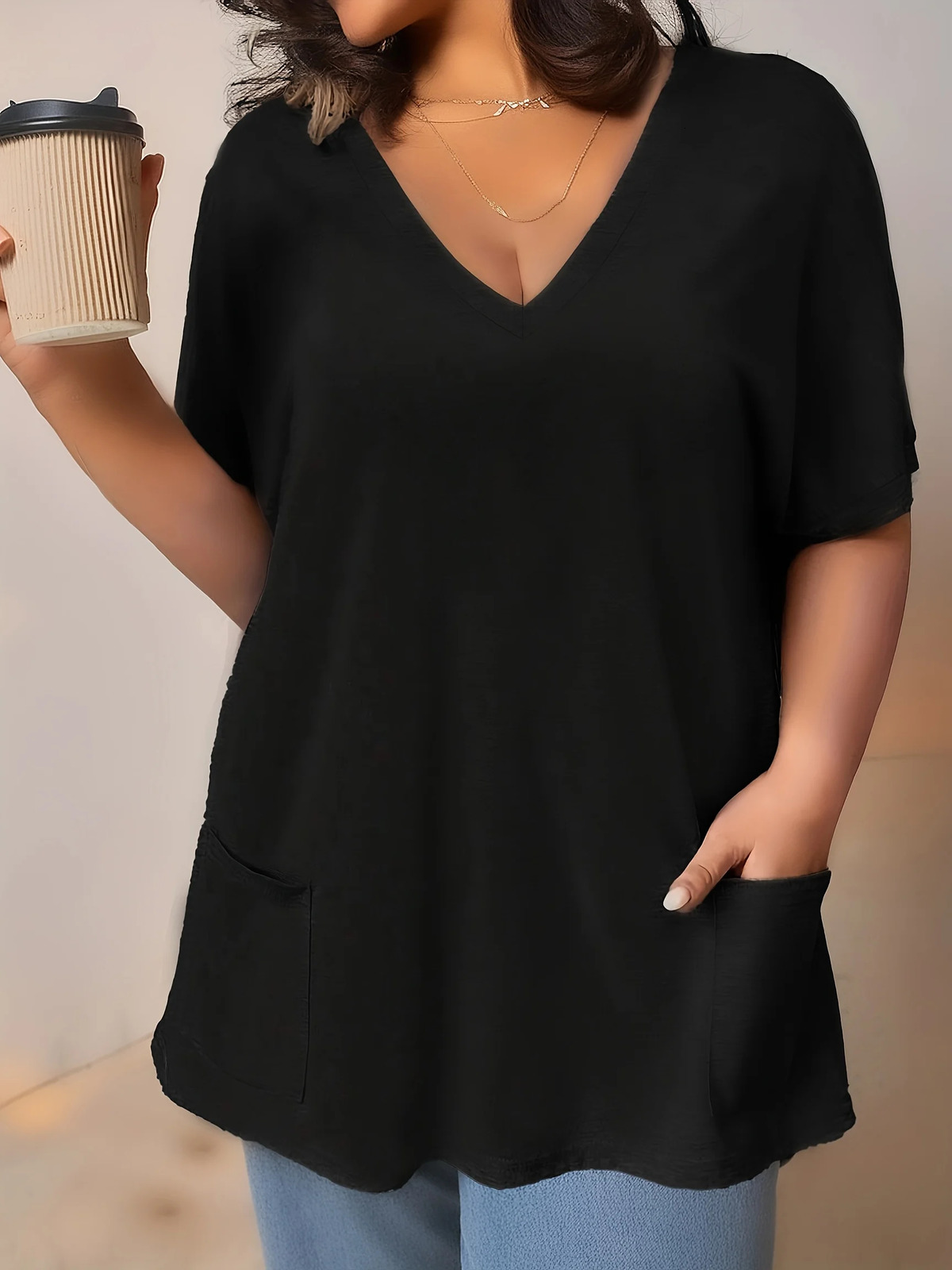 Plus Size Womens V-Neck Short Sleeve Casual T-Shirt with Front Pockets Comfortable and Stylish Top 250515