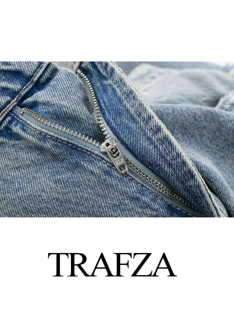 TRAFZA Summer Clothing Street Denim Blue Wide Leg Pants Chic High Waisted Hole Decoration Women's Loose Pocket Jeans Y2k