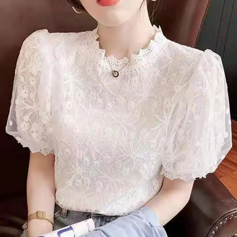 Women Summer Tops Crochet Lace Mesh Tees Sexy Vintage Short Sleeve Elegant T Shirts Loose Blouse Casual 250515