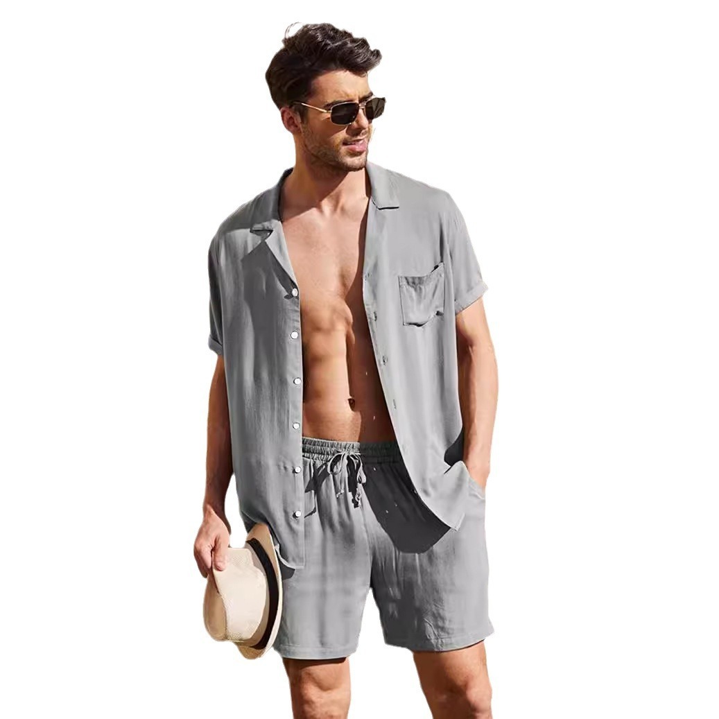 Men's Short Sleeved Set For Summer, Loose Fitting Designer, Casual Cotton And Linen Shirt, Fashionable Short Sleeved