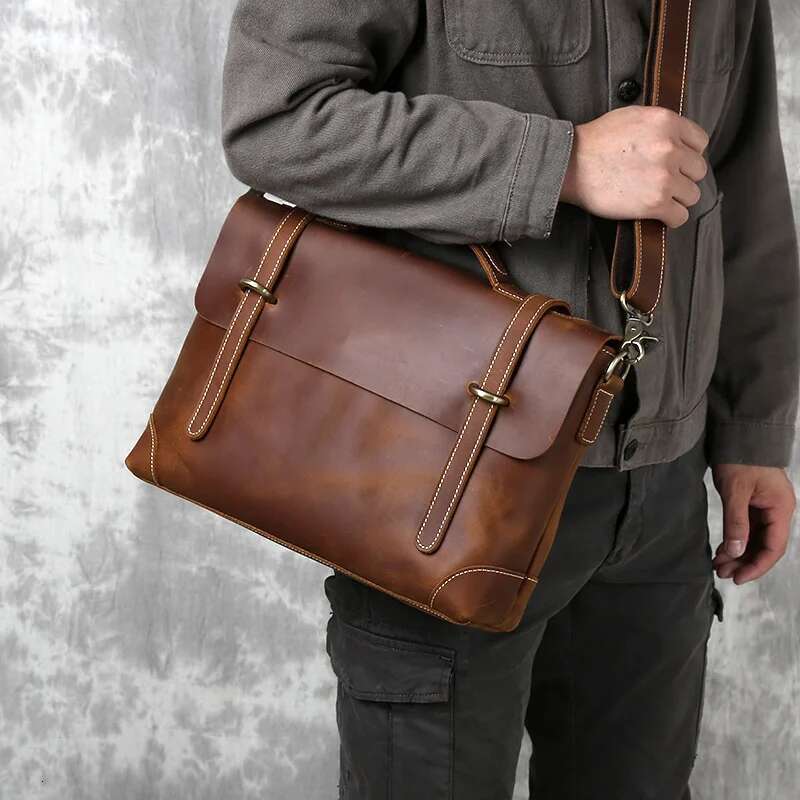 Retro Men's Handbag Top Layer Cowhide Briefcase Crazy Horse Leather Messenger Shoulder Large Capacity Computer Bag NZPJ