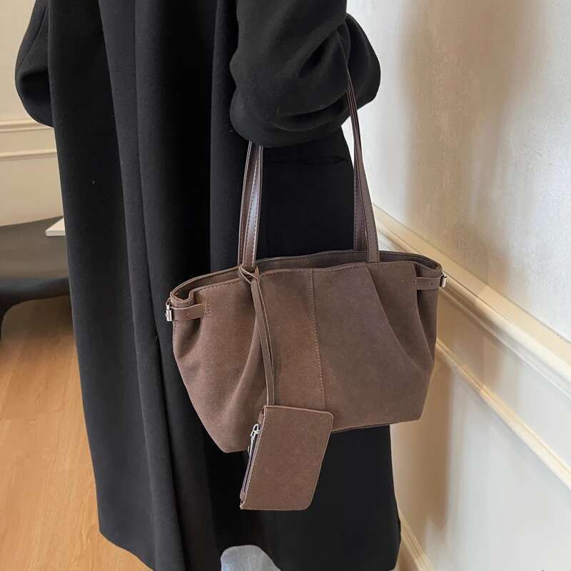Women Suede Tote Inner Pocket Underarm With Zipper Solid Color Satchel Bag For Work Travel