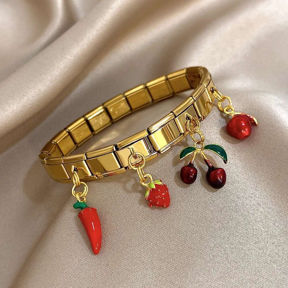 New Stainless Steel Strawberry Pepper Cherry Pendant Elastic Bangles Bracelets Fashion Women's Men Adjustable Waterproof Jewelry