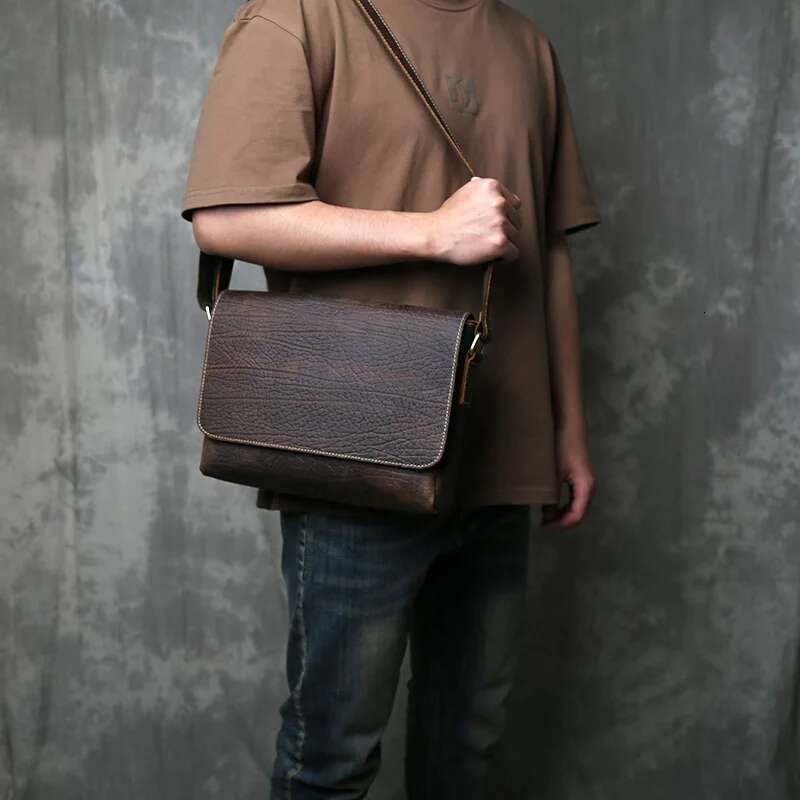Men's Tree Patterned Retro Top Layer Cowhide Genuine Leather Mailman Shoulder Crossbody Official Document Men Bag