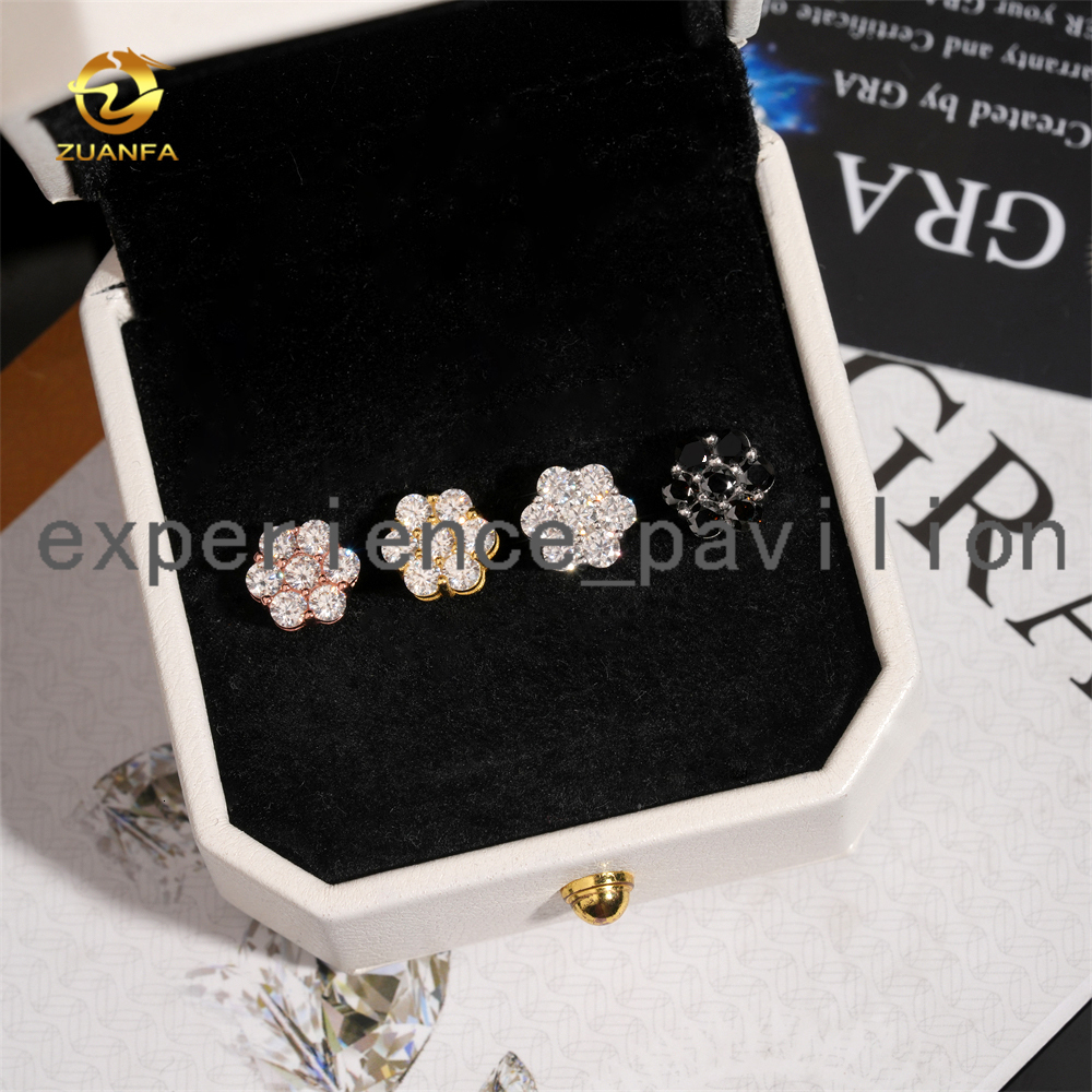 Hot Sale Flower Cluster Moissanite Earrings 925 Sterling Silver Hip Hop Earrings 9mm Screw Back Stud Earrings for Men and Women