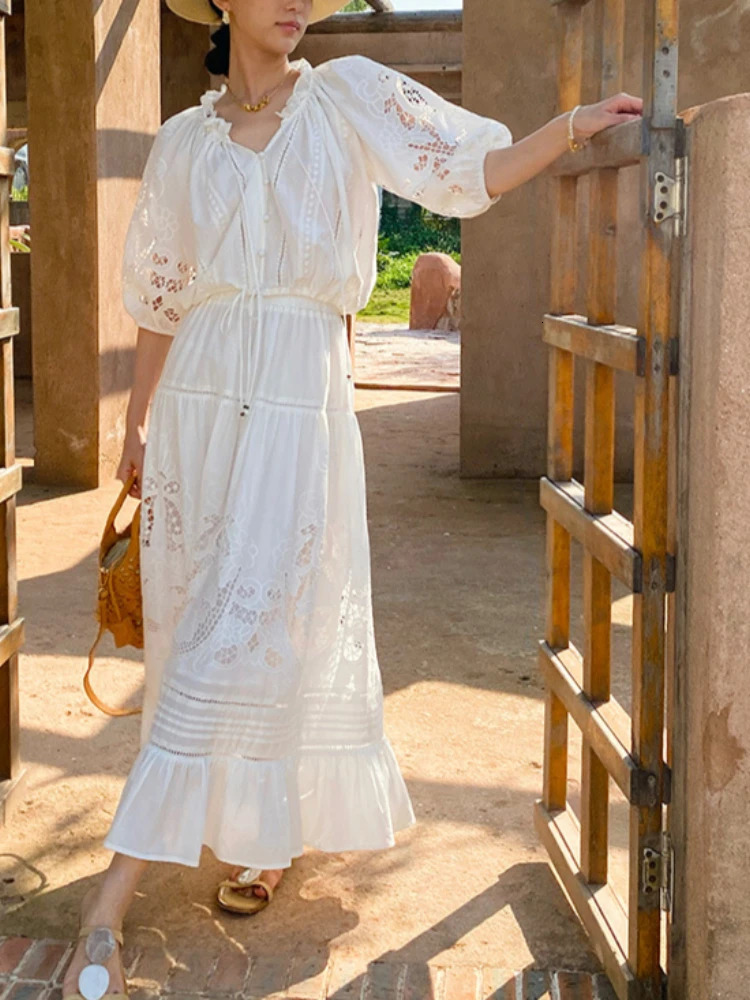 French Vacation Style ed White Blouse Lace Floral Midi Skirt Women Summer 100% Cotton HollowOut TwoPiece Dress Set 250515