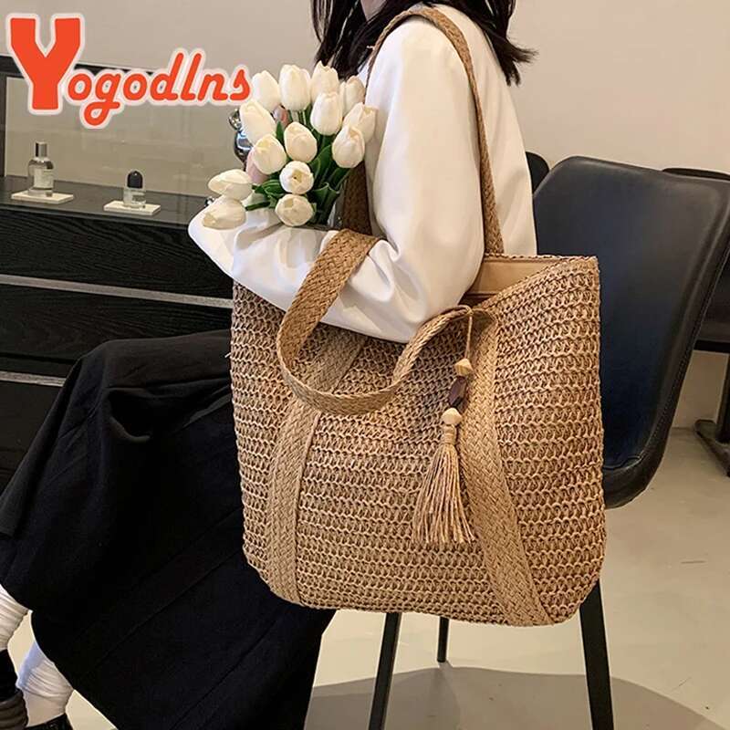 Design Straw Woven Tote Bag Summer Casual Large Capacity Tassel Handbags Fashion Beach Women Travel Shoulder Bag