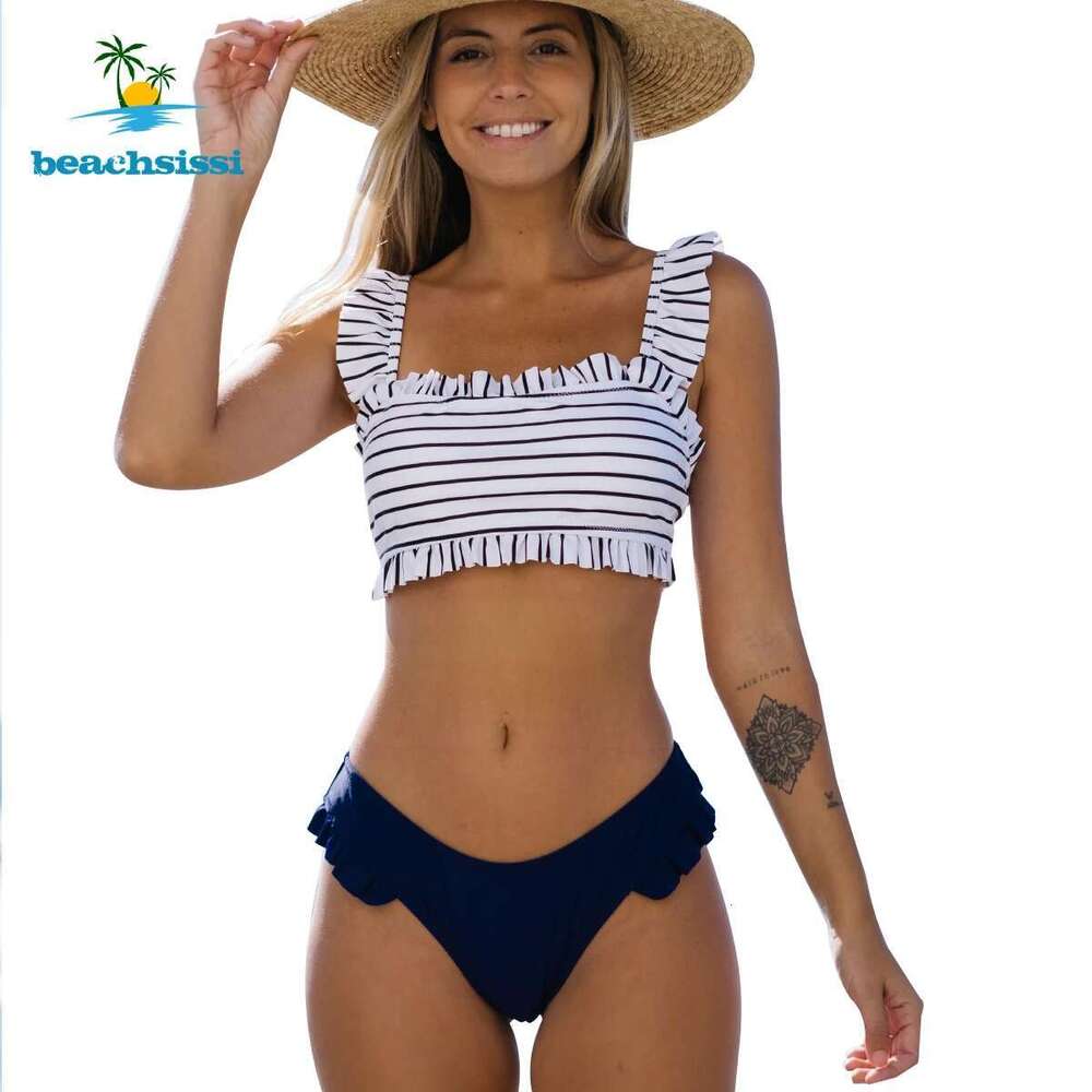 Beachsissi Women's Stripe Print Bikini Set Swimsuit Ruffled Bottom Swimwear Summer Swimming Bathing Suit