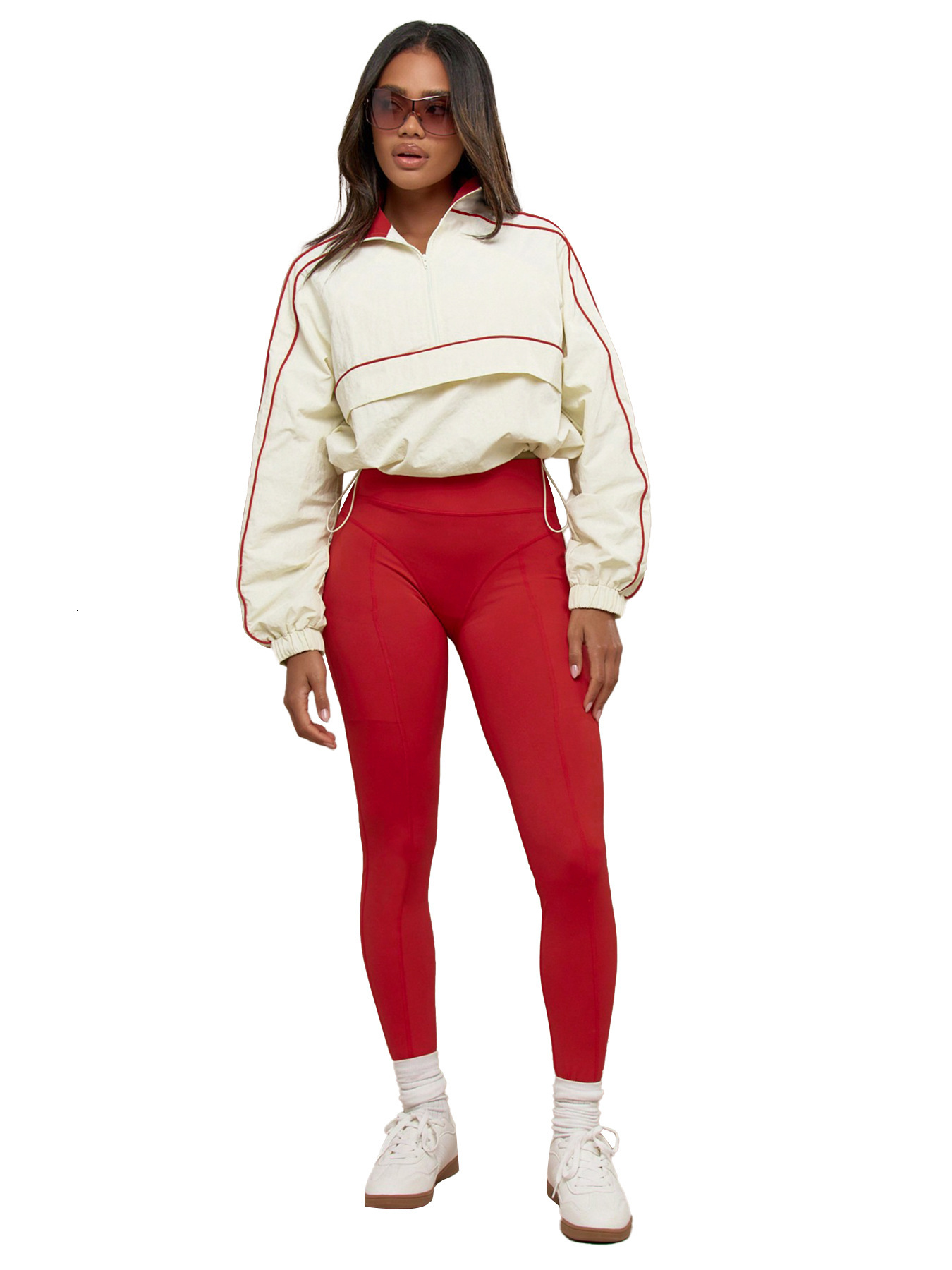 HR25081 Fashion Womens Drawstring Waist Nylon Top Yoga Pants Sports and Leisure Two Piece Set