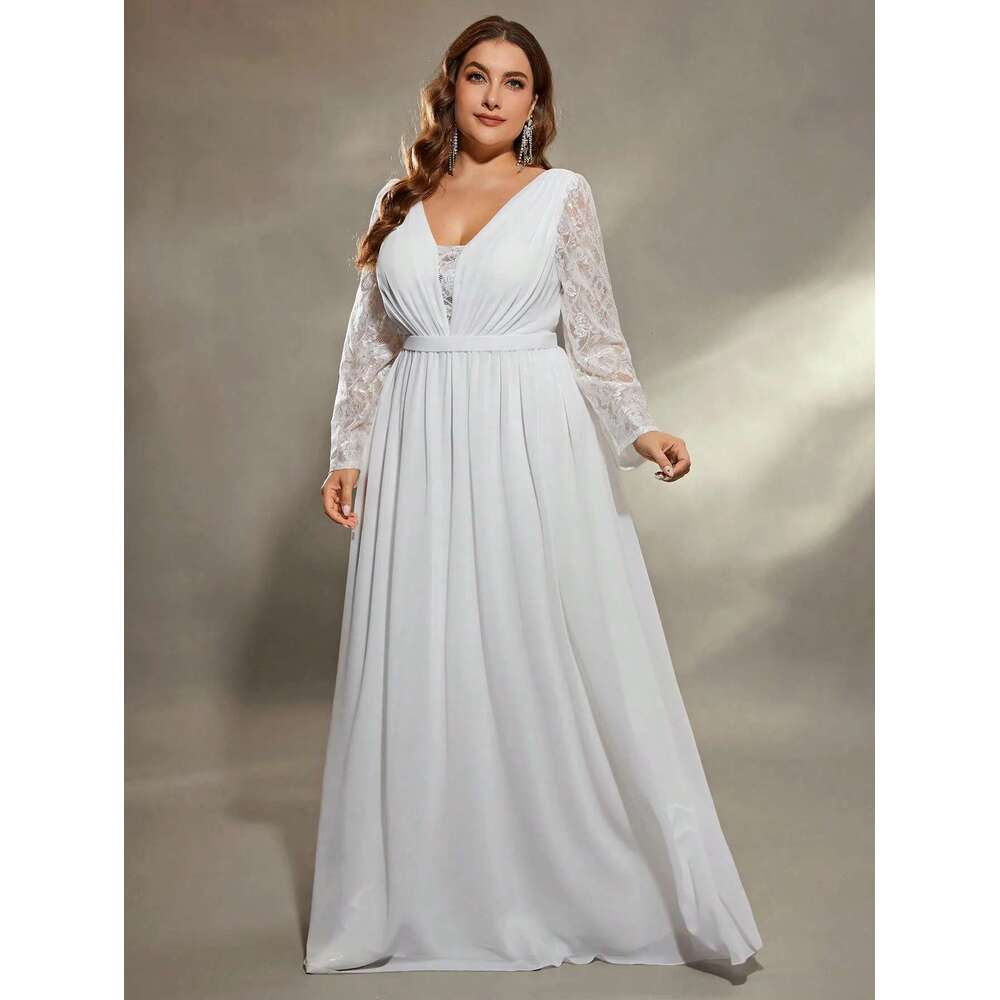 Mgiacy plus size Deep V shoulder lace long sleeve chest pleated chiffon wedding A full skirt Evening gown Ball dress