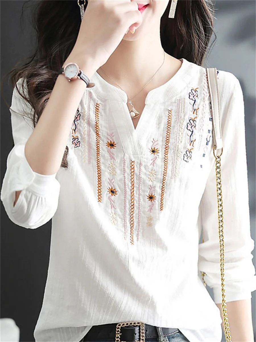 Womens Spring Autumn White Blouses Tops Lady Casual y VNeck Long Sleeve Vintage Loose Top DF4272 250515