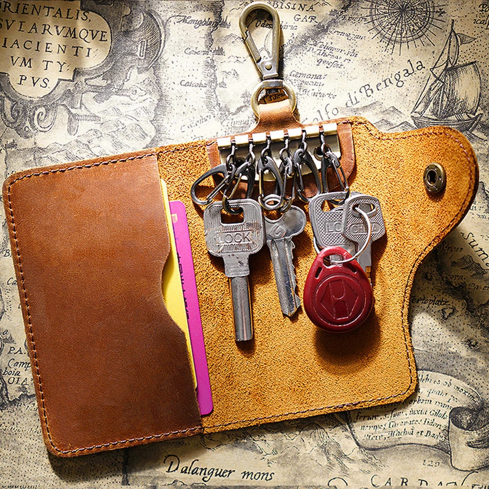 Multi-functional Leather Waist Key Pouch Organizer with Card Holder Snap Button Wallet 250515