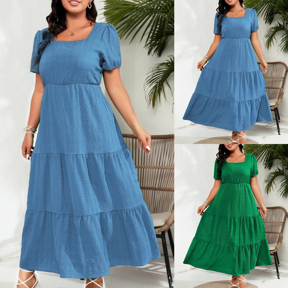 Plus Size Womens Puff Sleeve A-Lined Maxi Dress Ladies Square Neck Pockets Summer Beach Holiday Sundress 0XL 1XL 2XL 3XL 4XL 250509