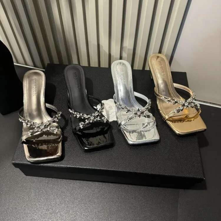 2025 Women's Slippers with Exposed Toe Sequins Anti-slip Wear-resistant Medium and Square Heels Summer