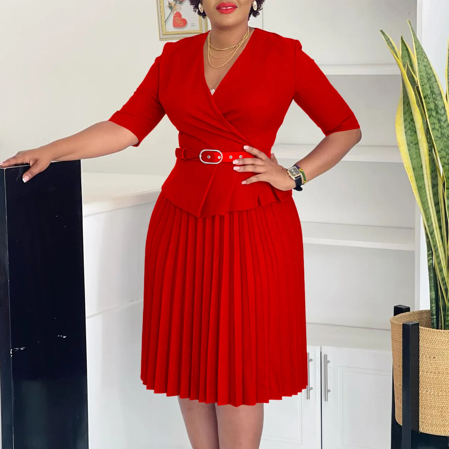 Womens 2025 fashion plus size temperament V-neck pleated dress 250514