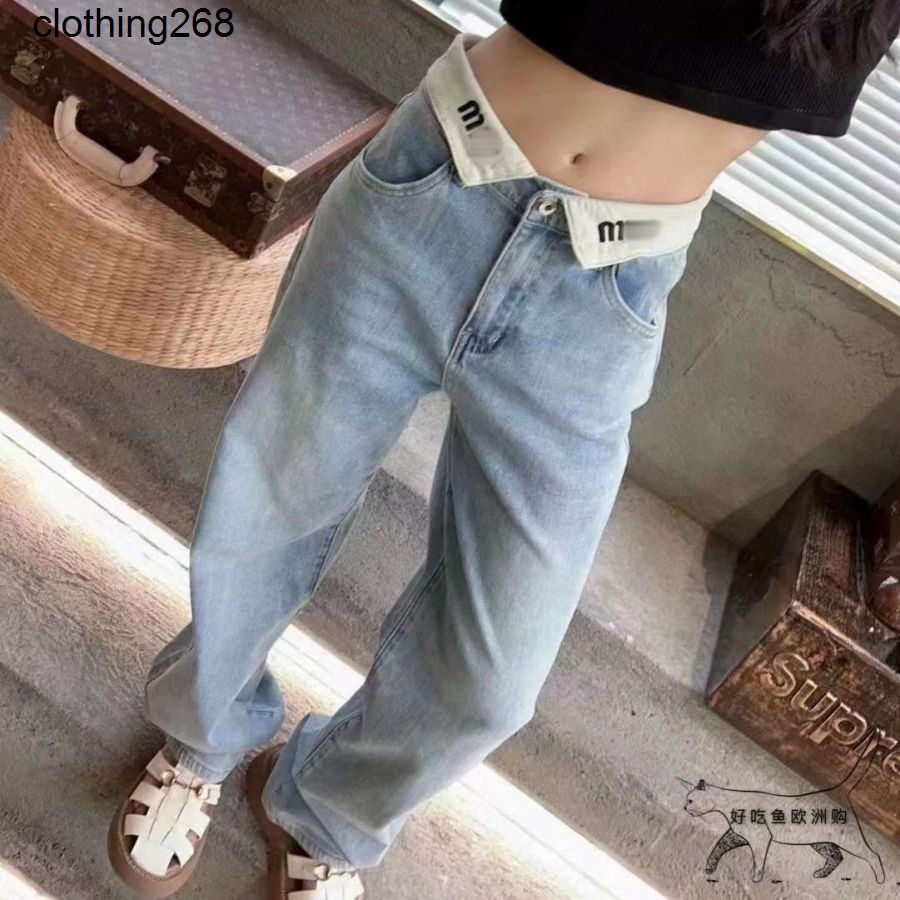 25 Spring/Summer New Collection MM Flanged Letter Embroidered Straight Tube Floor Dragging Jeans Womens Loose and Versatile Casual Style Pants