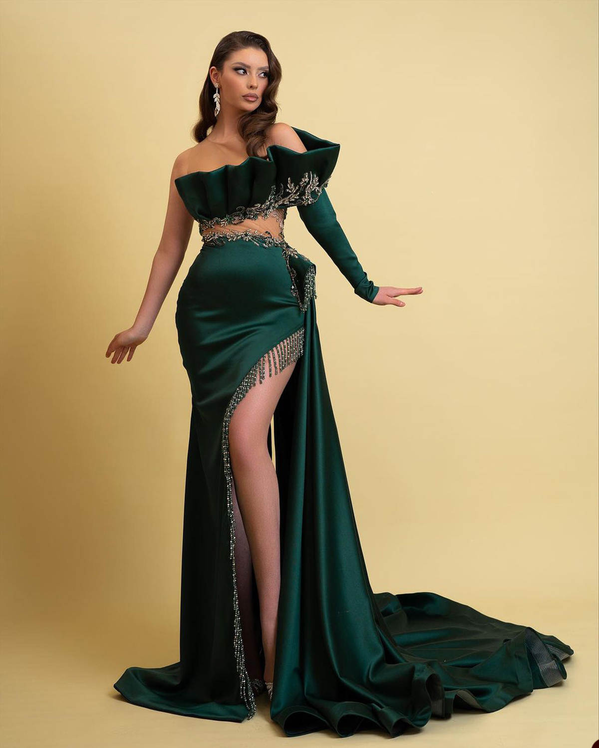 Elegant Mermaid Evening Dress Illusion One Shoulder Beads Prom Dresses Sexy Side Split Rhinestones Special Occasion Gowns