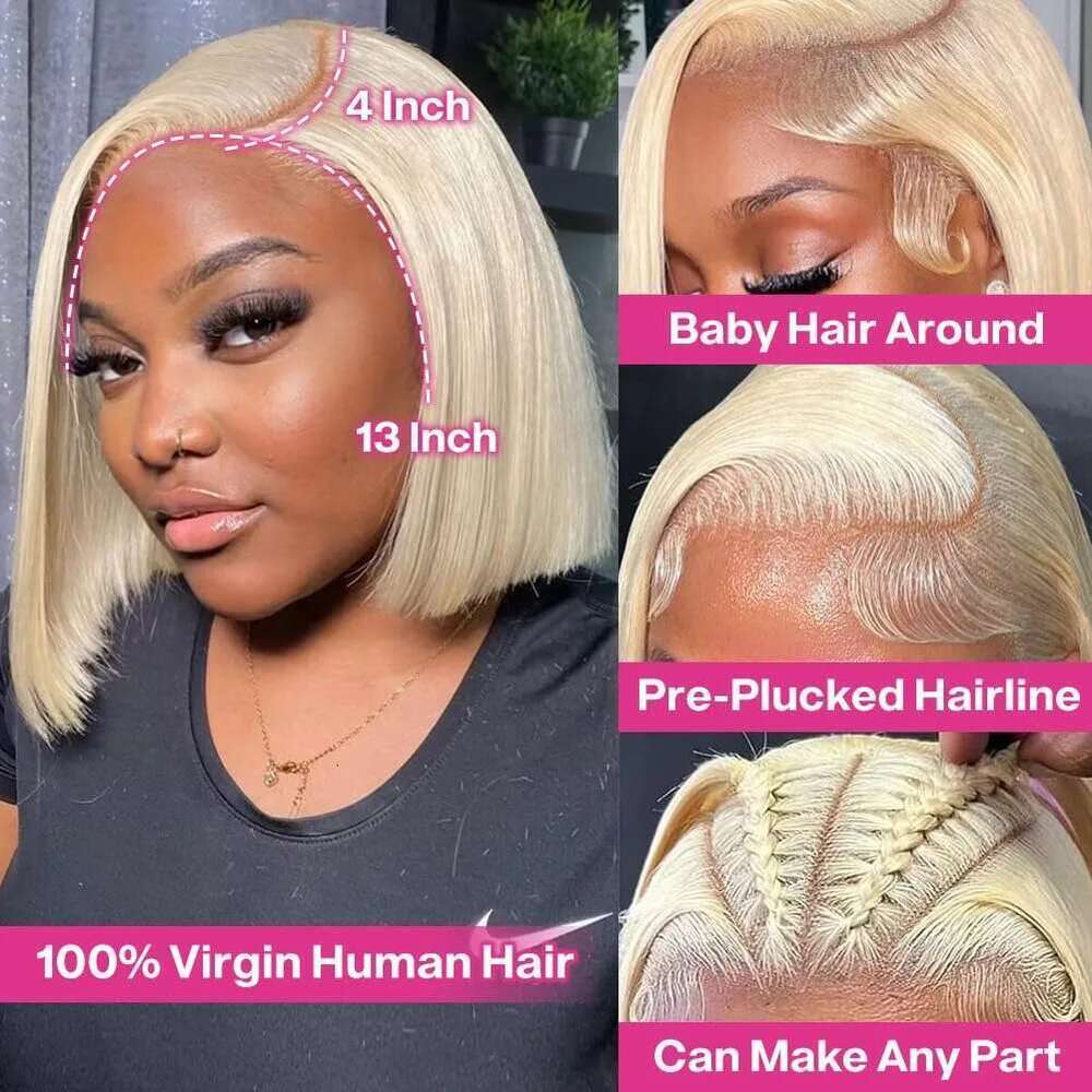 Short Straight Bob Blonde 613 Colored Front Wigs 13x4 Lace Frontal Human Hair Wig For Women