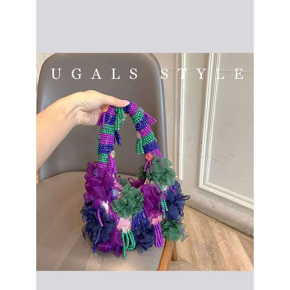 Handmade Bead Woven Pearl Flower Bucket For Women Handbag Beach Vacation Phone Clutch Party Bag