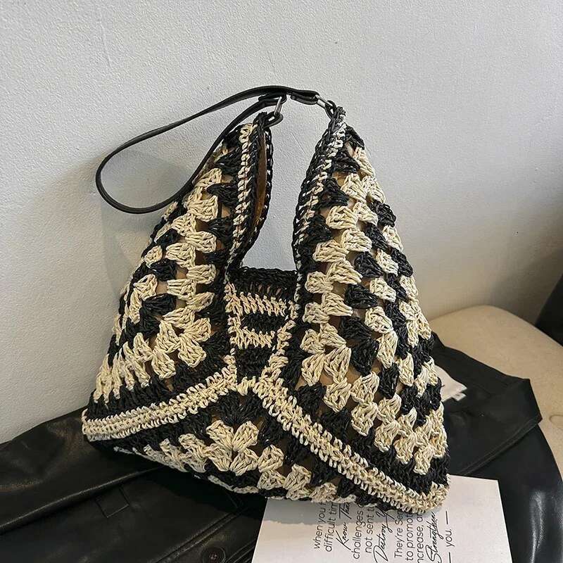 Women Summer Vintage Woven Handbag Jacquard Design Bohemian Seaside Holiday Traveling Straw Bags High-Capacity Shoulder Tote Bag