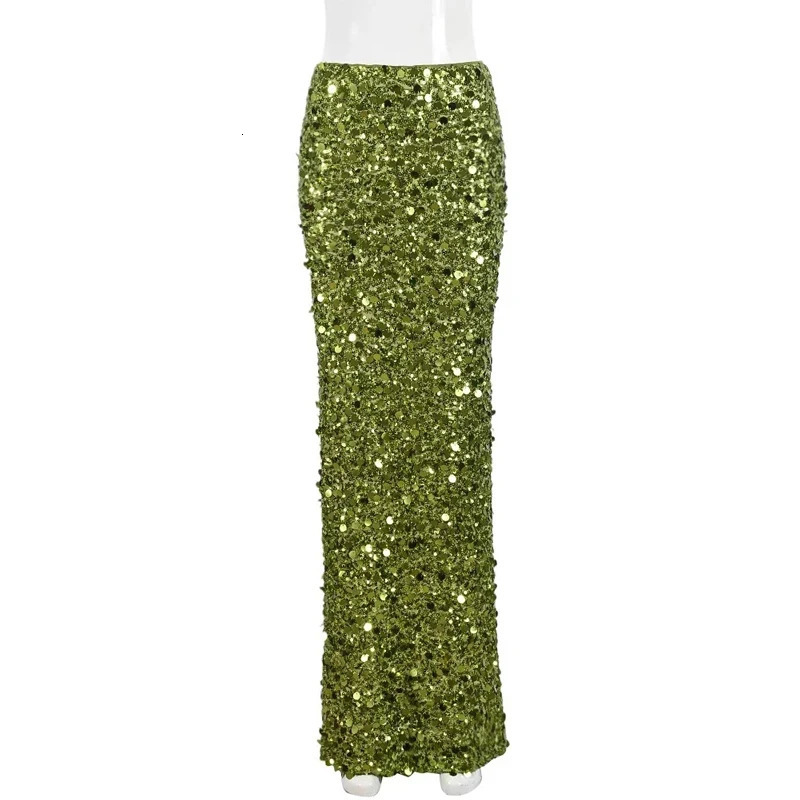Party Green Shiny Skirts For Women High Waist Fashion Sequin Patchwork Long Femme Trendy Skirt Clubwear 250515