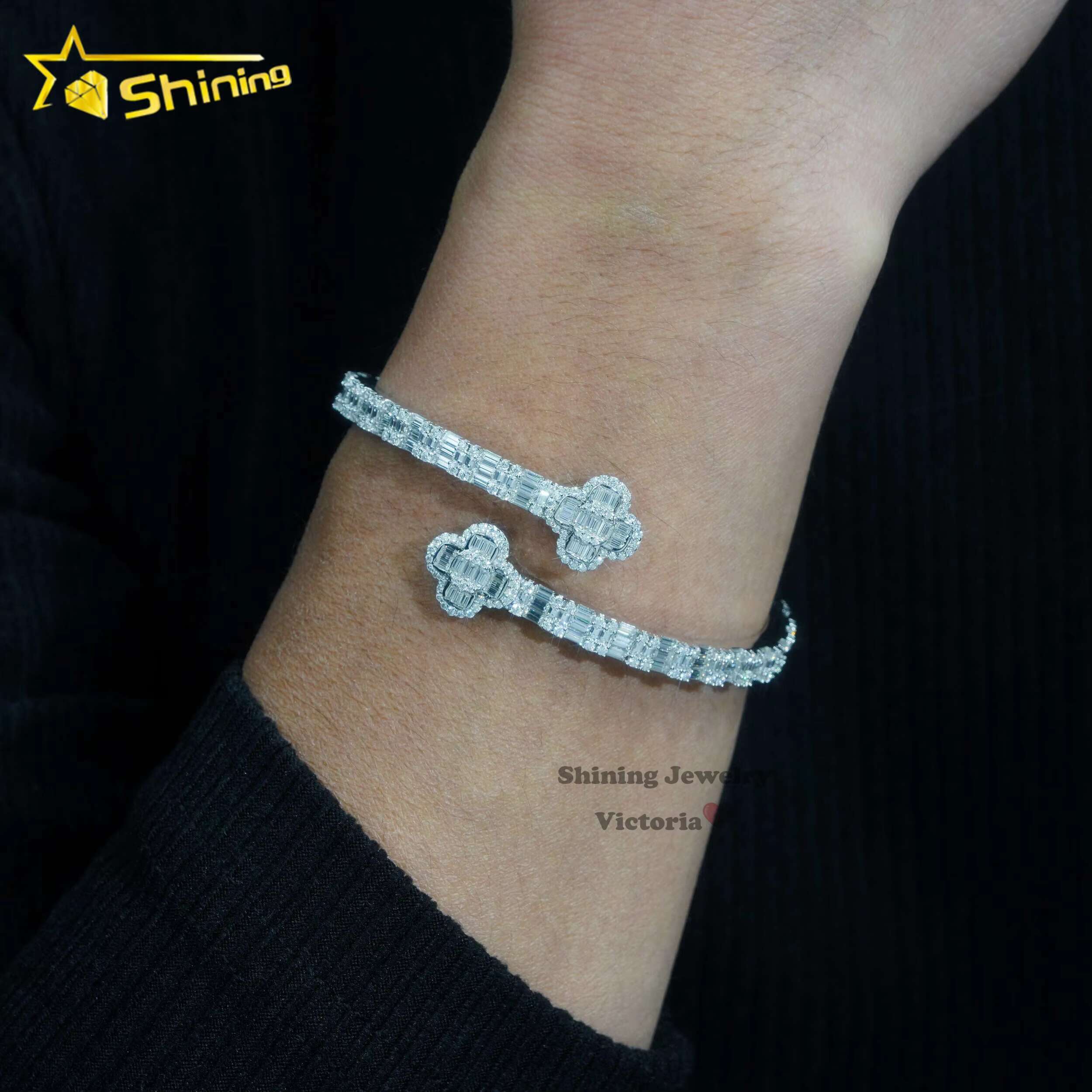 Pass Diamond Tester 14K Gold 925 Sterling Silver Baguette VVS Moissanite Iced Out Clover Cuff Bangle Bracelet for Men Women