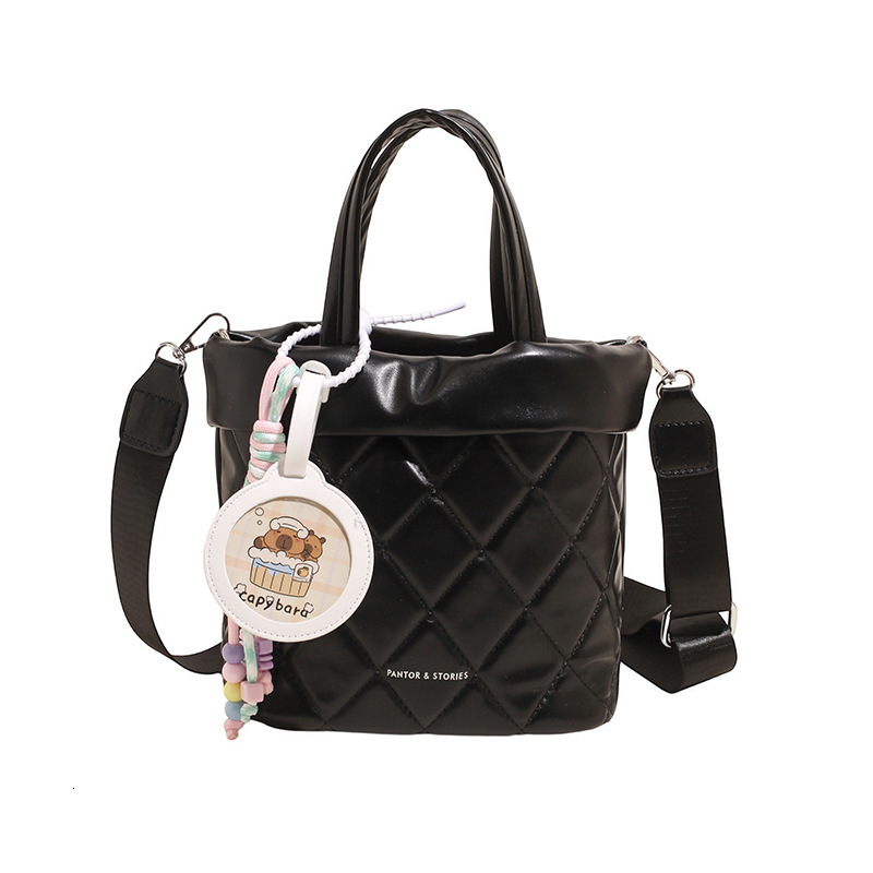 2025 New Lingge Embroidery Line Commuter Handheld Bucket for Women's Leisure Versatile Simple Solid Color Single Shoulder Crossbody Bag