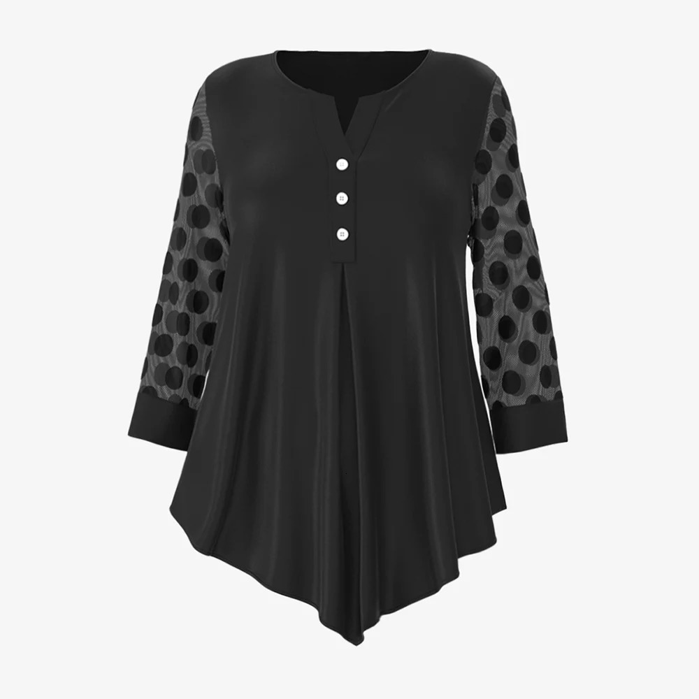 Plus Size Mesh Patchwork Women Blouse Elegant Button Round Neck Loose Female Spring Shirt Tops Dot Long Sleeve Irregular Blouses 250515