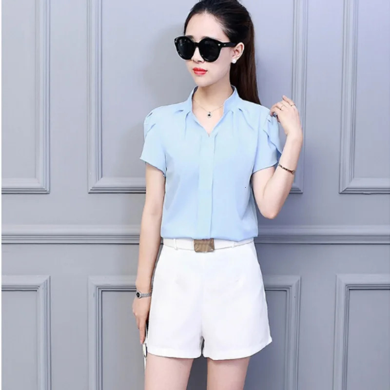 Summer Blouse Women Office Ladies Chiffon White Shirt Short Sleeve elegant Tops Casual Overalls Female Clothing 250514