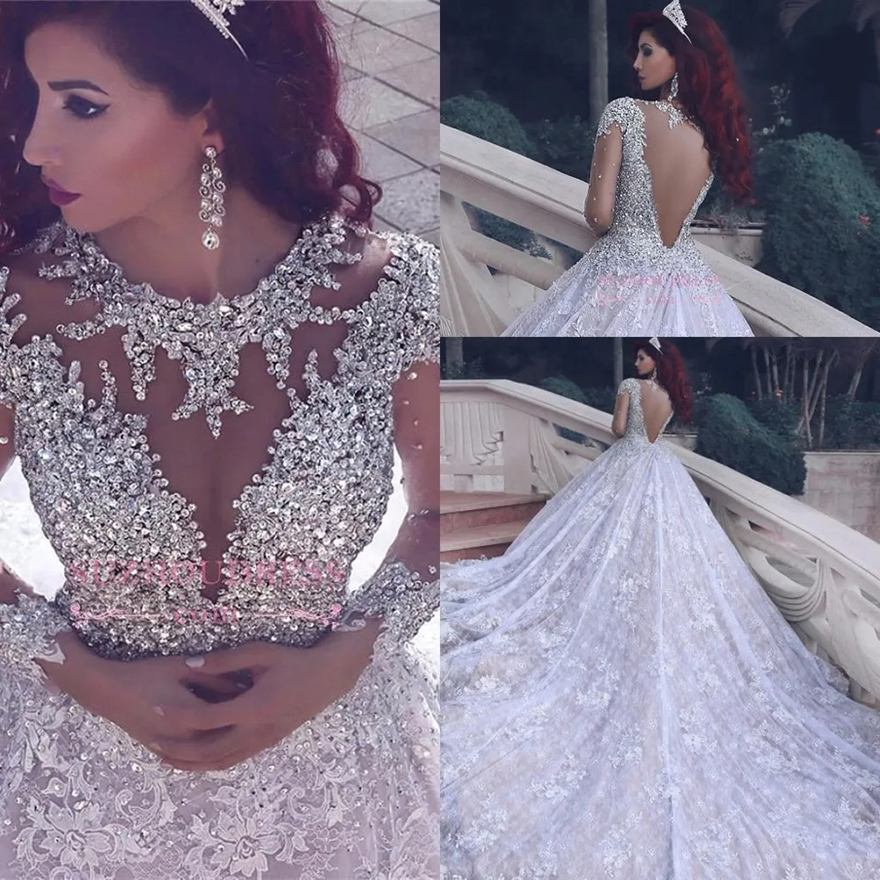 Luxury O-neck Long Sleeves Lace Ball Gown Wedding Dresses Arabic Beaded Crystals Vestidos De Noiva Wedding Gowns Robe De Mariage