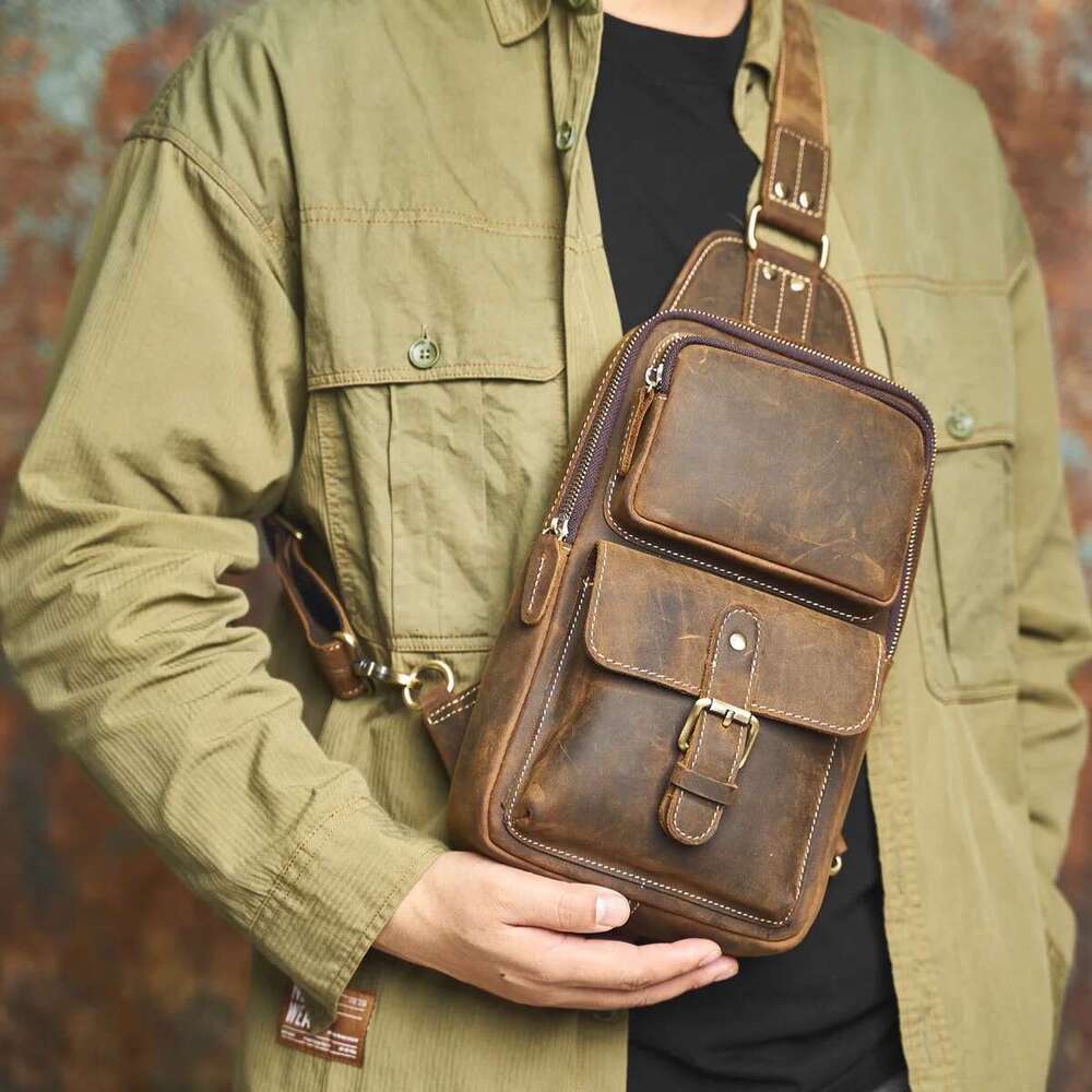 NASVA Genuine Men's Leather Chest Vintage Sling For Men,Crossbody Shoulder Bag Casual Small Backpack