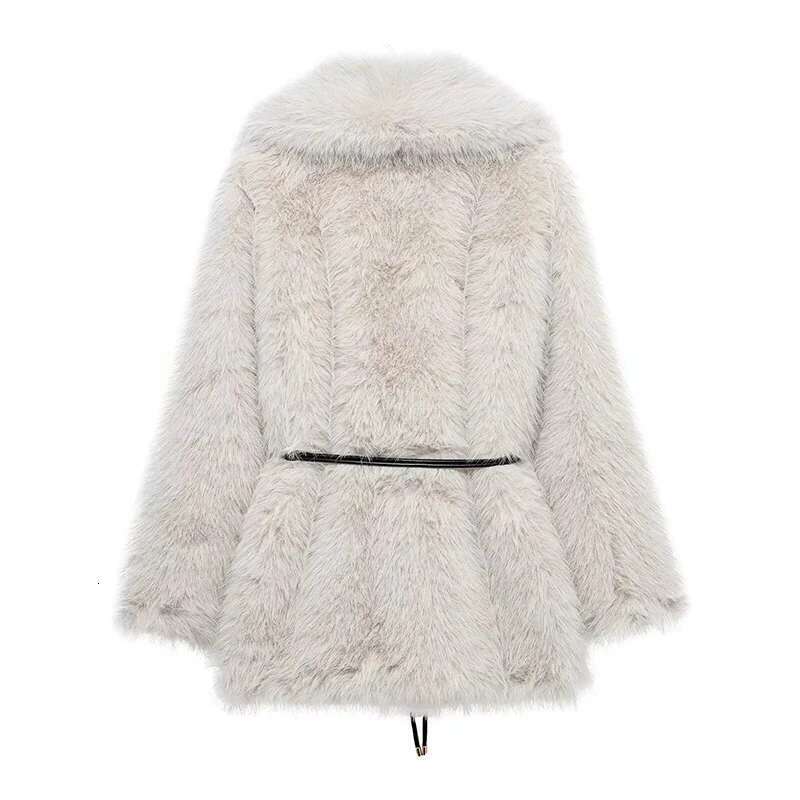 Fluffy Faux Fur Coat With Belt For Women Warm Elegant Loose Long Sleeve Jacket Female Thick Lady High Street Outerwear