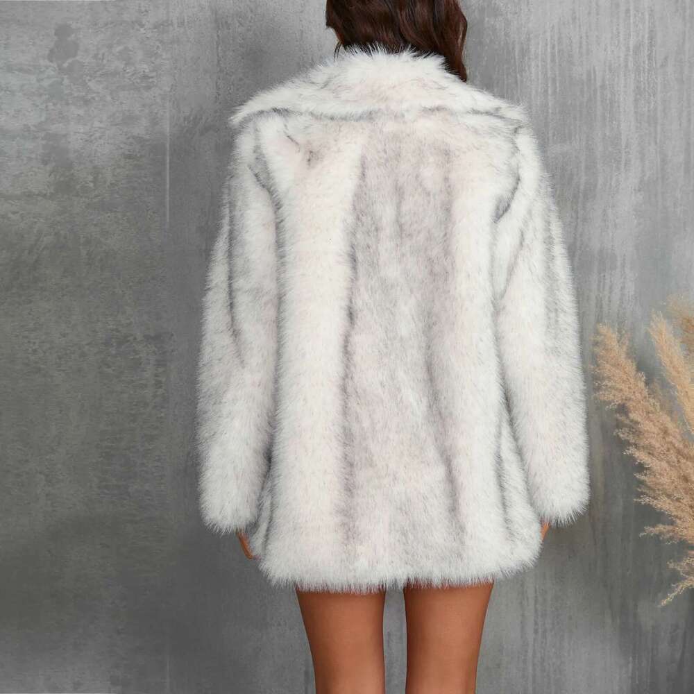 High Street Women's Fashion Slim Medium Long Turn-Down Collar Jacket Winter Faux Fur Office Lady Coat Women
