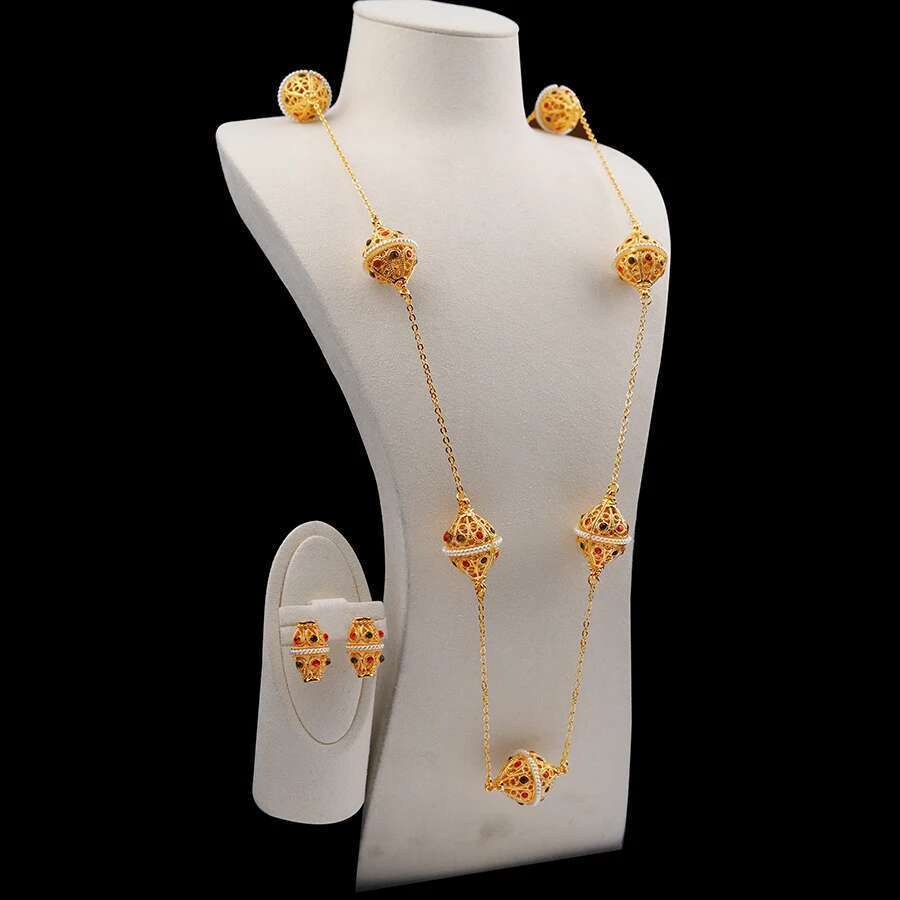 2Pcs Earring+1Pcs Necklace Gold-Plated Ethiopian Middle Eastern Women's Jewelry, Dubai Bridal Wedding Jewelry