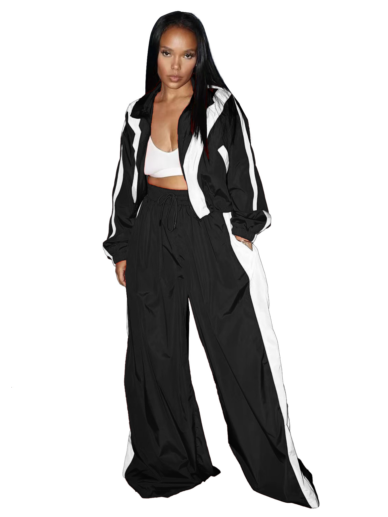 HR24071 Womens Zipper Waist Collar Color Contrasting Super Large Super Fat Trendy Two Piece Set