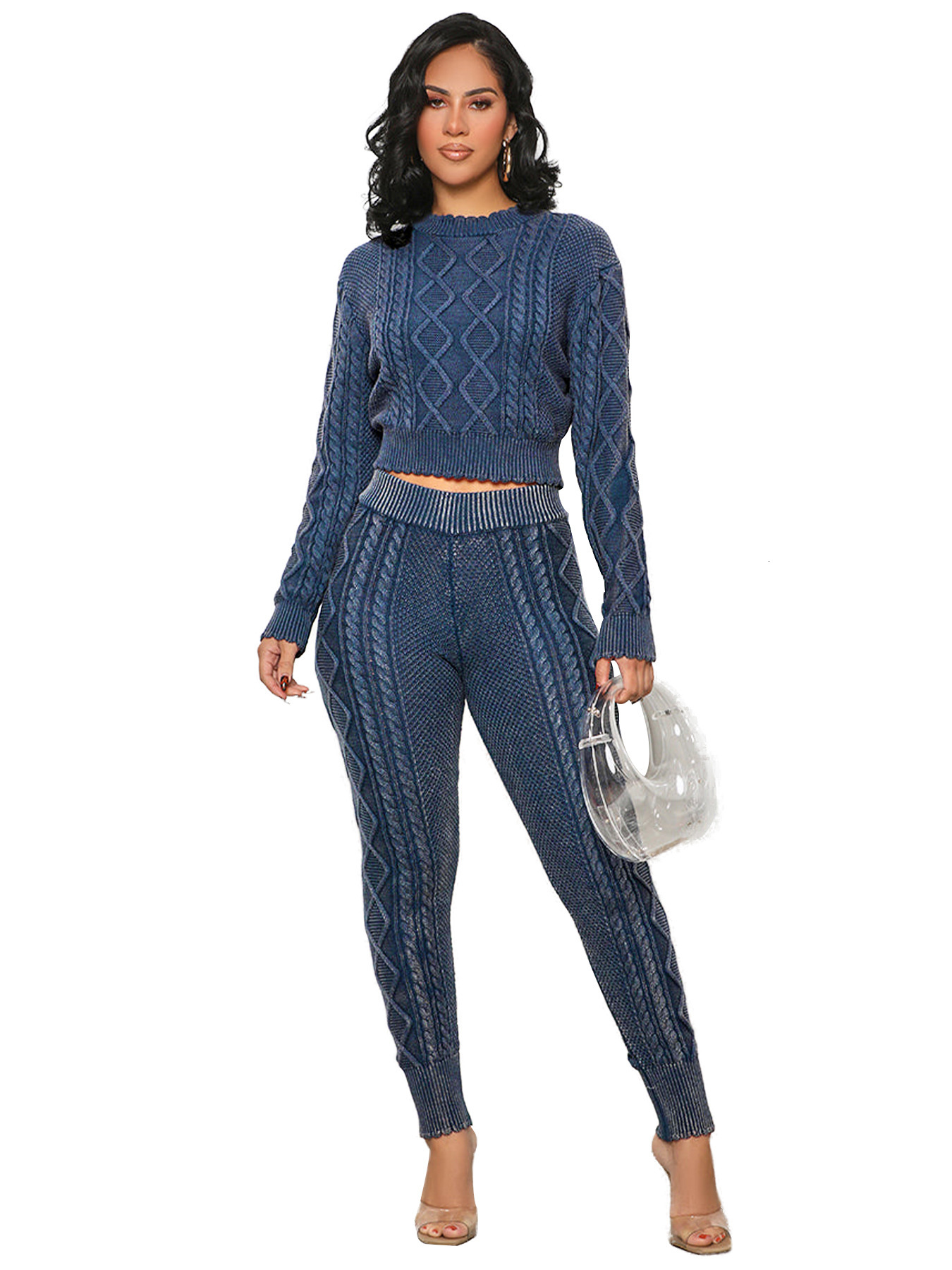 HR23111 Womens wash worn style knitting diamond Fried Dough Twists pullover sweater suit
