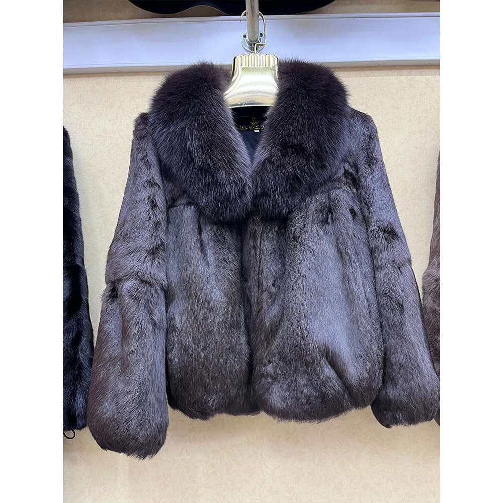 100% Genuine Whole Skin Real Coat With Natural Fox Collar Jacket Full Pelt Rabbit Fur Overcoat