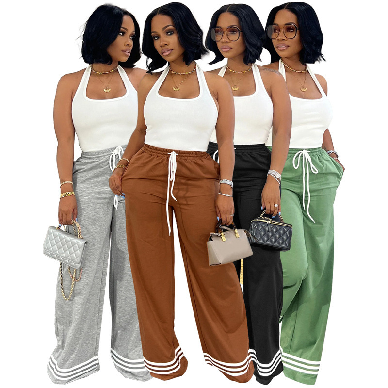 HR24052 casual womens loose fit striped contrasting pocket wide leg pants long pants